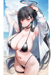 1girl armpits arms_up beach bikini black_bikini black_choker black_hair blue_archive blue_sky bracelet choker cloud cowboy_shot day groin halo high_ponytail highres jewelry long_hair looking_at_viewer navel oni-noboru outdoors parted_lips ponytail red_eyes rio_(blue_archive) shirt sky solo stomach swimsuit thigh_strap very_long_hair wet white_shirt