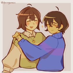 Rule 34 | 2others, blue sweater, blush stickers, border, bracelet, brown hair, chara (undertale), closed eyes, collared shirt, commentary, english commentary, frisk (undertale), green vest, hand on another&#039;s shoulder, heart, heart necklace, highres, jewelry, long sleeves, multiple others, necklace, paragonesz, shirt, short hair, single blush sticker, smile, striped clothes, striped sweater, striped vest, sweater, undertale, vest, white border, white shirt