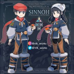1boy 1girl akari_(pokemon) alt_text belt black_hair boot_straps boots brown_belt closed_mouth commentary copyright_name english_commentary eyelashes floating_scarf full_body grey_eyes hat headscarf highres hisuian_poke_ball holding holding_poke_ball instagram_username knees long_hair long_sleeves looking_at_viewer nintendo poke_ball pokemon pokemon_legends:_arceus pouch red_headwear red_scarf rei_(pokemon) scarf short_hair sidelocks smile standing twitter_username vikthor01 white_headscarf white_headwear