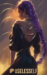 1girl back bare_back bare_shoulders black_dress closed_mouth dress dutch_braided_ponytail earrings from_behind jewelry kpop_demon_hunters long_hair looking_to_the_side necklace nose purple_hair rumi_(kpop_demon_hunters) solo useless_elf