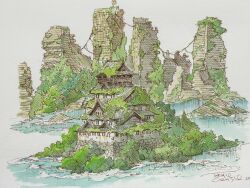 abandoned commentary_request dilapidated flood grey_background highres japanese_castle moss no_humans original overgrown plant post-apocalypse ruins scenery signature tokyogenso traditional_media vines water