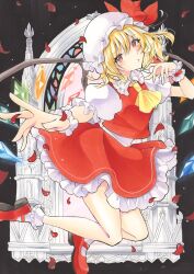 Rule 34 | 1girl, absurdres, ascot, black background, blonde hair, commentary request, crystal wings, doorway, falling petals, flandre scarlet, frilled skirt, frilled wrist cuffs, frills, full body, hat, hat ribbon, highres, knees, light blush, marble (stone), mary janes, medium hair, mob cap, multicolored wings, outstretched arm, parted lips, petals, pillar, puffy short sleeves, puffy sleeves, red eyes, red petals, red ribbon, red shoes, red skirt, red vest, ribbon, shirt, shoes, short sleeves, skirt, slit pupils, socks, solo, stained glass, touhou, vest, white hat, white shirt, white socks, wings, wrist cuffs, yamiichif, yellow ascot