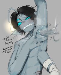 2boys anglerfish anglerfish_boy arm_up armpit_sex armpitjob armpits bandaged_arm bandages black_hair blue_scales blue_sclera blue_skin blush claws clenched_teeth colored_sclera colored_skin completely_nude disgust english_text erection extra_arms extra_eyes fingernails fins fish gills glowing hand_up head_fins heavy_breathing highres insult merfolk merman monster_boy multiple_boys navel nude parted_bangs penis player_character_(roblox) presenting_armpit pressure_(roblox) roblox sea_snake sebastian_solace sharp_fingernails sharp_teeth short_hair spread_armpit steaming_body sweat teeth testicles third_eye yaoi
