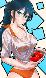 Rule 34 | 10s, 1girl, 71 (nanaichi drafting), amaama to inazuma, bikini, black hair, blue eyes, blush, breasts, cleavage, clothes lift, female focus, holding, iida kotori, large breasts, long hair, looking at viewer, ponytail, see-through clothes, shirt carry, shirt lift, smile, solo, swimsuit, tomato, wet, wet clothes