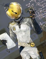 1boy black_gloves cowboy_shot dutch_angle ferrofluid fishbowl_helmet gloves hands_up highres holding holding_paper holding_pen id_card indoors jumpsuit laboratory male_focus math object_head paper pearl_mkmm pen reverse:1999 ulrich_(reverse:1999) white_jumpsuit writing