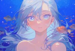 1girl blue_eyes blue_hair blush bright_pupils bubble closed_mouth collarbone eyelashes fish highres long_hair looking_at_viewer original portrait scales school_of_fish solo twitter_username underwater white_pupils wsfish8
