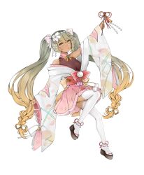 1girl absurdres breasts cleavage commentary dark-skinned_female dark_skin flower full_body geta gohei gradient_hair hair_flower hair_ornament highres holding holding_gohei japanese_clothes kimono kimono_skirt long_hair multicolored_hair nail_polish original parted_lips pink_skirt red_nails see-through_clothes simple_background skirt solo symbol-only_commentary thighhighs tuffi-chan twintails very_long_hair white_background white_thighhighs wide_sleeves yellow_eyes