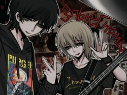 2boys :d animification artyom_anoufriev bags_under_eyes black_hair black_hoodie black_shirt blonde_hair clothes_writing collarbone drawstring freckles grey_eyes guitar hair_between_eyes hand_up holding holding_microphone hood hood_down hoodie instrument inward_v long_sleeves looking_at_viewer male_focus medium_hair microphone multiple_boys nikita_lytkin no_pupils open_mouth outline photo_background procreate_(medium) puffy_long_sleeves puffy_sleeves real_life shirt short_hair short_sleeves smile t-shirt upper_body v w white_outline wristband xipenco