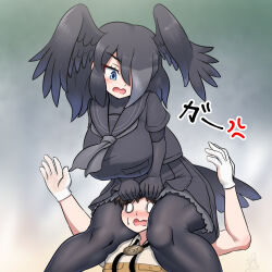 1boy 1girl bird_girl bird_tail bird_wings black_gloves black_hair black_necktie black_pantyhose black_shirt black_shoes black_skirt black_socks blue_eyes blush brown_hair captain_(kemono_friends) carrying carrying_person elbow_gloves extra_ears frilled_skirt frills full_body gloves hair_over_one_eye hands_on_another&#039;s_head head_wings highres kemono_friends kemono_friends_3 loafers looking_at_another loose_socks mo23 necktie open_mouth pantyhose piggyback pleated_skirt sailor_collar school_uniform serafuku shirt shoes short_hair short_sleeves shoulder_carry sitting_on_shoulder skirt socks solo t-shirt tail thick_thighs thighs wings