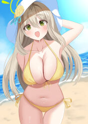 1girl absurdres beach bikini blue_archive blue_sky breasts brown_hair cleavage cloud cowboy_shot day front-tie_bikini_top front-tie_top green_eyes green_halo halo hat highres horizon kurenaiaoi0 large_breasts long_hair looking_at_viewer navel nonomi_(blue_archive) ocean official_alternate_costume open_mouth outdoors side-tie_bikini_bottom sky smile solo sun_hat swimsuit thigh_gap yellow_bikini