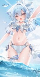 1girl ;d ahoge animal_ear_fluff animal_ears arm_up bikini bird blue_hair blue_ribbon blue_sky blush breasts cat_ears cloud day fang front-tie_bikini_top front-tie_top hair_between_eyes hair_intakes hair_ornament highres leg_ribbon looking_at_viewer mafuchu_v mafuyu_(vrchat) medium_breasts navel ocean one_eye_closed open_mouth outdoors ribbon seagull see-through_clothes side-tie_bikini_bottom sidelocks skin_fang sky smile solo standing stomach swimsuit thigh_gap thigh_ribbon thigh_strap thighs vrchat wading water wet white_bikini