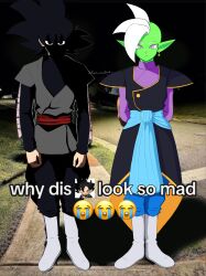 Rule 34 | 2boys, absurdres, baggy pants, black bodysuit, black eyes, black hair, blue pants, blue sash, bodysuit, boots, colored skin, dougi, dragon ball, dragon ball super, earrings, goku black, gokublackirl, green skin, grey eyes, hand on own face, highres, jewelry, long sleeves, looking at viewer, mohawk, multiple boys, obscured face, pants, photo-referenced, pointy ears, potara earrings, purple shirt, saiyan, sash, shaded face, shirt, short hair, smile, white footwear, white hair, why dis ninja look so mad (meme), zamasu
