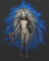 barefoot blue_eyes book chyko crazy crazy_eyes curly_hair dark flat_chest glowing glowing_eyes grin loli long_hair messy_hair smile solo staring stuffed_animal stuffed_toy very_long_hair