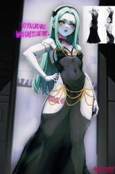 1girl black_dress breasts colored_sclera cyberpunk_(series) cyberpunk_edgerunners dress english_text green_eyes green_hair hand_on_own_hip hatsuno_(hatsuno013) highres hip_vent long_hair looking_down rebecca_(cyberpunk) red_sclera see-through_clothes see-through_dress small_breasts solo thighs tight_clothes tight_dress very_long_hair