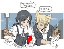2girls backpack bag collared_shirt commentary_request cone_hair_bun cropped_torso double_bun food frilled_shirt frilled_sleeves frills fukurai_azami gloves hair_bun holding holding_phone hood hood_down ichigo_beeru korean_commentary korean_text long_sleeves looking_at_another multiple_girls partially_fingerless_gloves phone shirt short_hair signature smile speech_bubble tomarigi_yasumi toshi_densetsu_kaitai_center upper_body