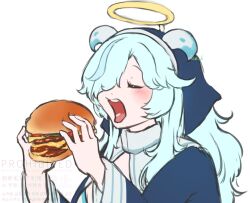 1girl blue_coif blue_dress blue_hair blush burger closed_eyes commentary_request dice_k_draw doubliel dress fake_halo food hair_over_one_eye halo holding holding_burger holding_food horns long_hair long_sleeves mahjong_fight_girl open_mouth simple_background solo upper_body watermark white_background white_horns yellow_halo