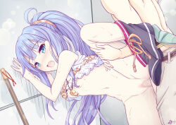 Rule 34 | 1boy, 1girl, blue eyes, blue hair, breasts, highres, iris mysteria!, k (nura-rikuo), long hair, medium breasts, mop, nipples, open mouth, ponytail, priscilla marcell de palvin, sex, sex from behind, skirt, standing, standing sex, undressing, whistle