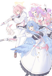 Rule 34 | 3girls, absurdres, black skirt, blue archive, blue eyes, blue hair, blush, boots, braid, brown boots, closed mouth, dress, feathered wings, gloves, green eyes, gun, hair between eyes, hanae (blue archive), hat, highres, holding, holding gun, holding weapon, long hair, mine (blue archive), multiple girls, nurse, nurse cap, one side up, open mouth, pantyhose, pink eyes, pink hair, pink shirt, purple hair, rifle, sailor collar, serina (blue archive), shirt, sidelocks, skirt, tamagore, teeth, twin braids, twintails, upper teeth only, weapon, white dress, white gloves, white hat, white pantyhose, white sailor collar, white shirt, wings