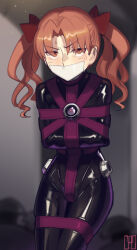 1girl blurry blurry_background brown_eyes brown_hair cad_(caddo) character_request copyright_request gag improvised_gag looking_at_viewer parted_bangs peril restrained shirai_kuroko solo straitjacket sweat tagme tape tape_gag toaru_kagaku_no_railgun toaru_majutsu_no_index twintails