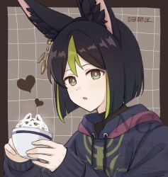 1boy animal_ear_fluff animal_ears black_hair black_hoodie brown_background earrings fox_boy fox_ears genshin_impact gnyt0rxxnsq7777 green_eyes green_hair hair_between_eyes highres hood hoodie jewelry long_sleeves male_focus multicolored_hair open_mouth short_hair simple_background solo streaked_hair tighnari_(genshin_impact)
