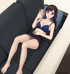 1girl black_hair blue_bra blue_ribbon bra breasts cellphone cleavage collarbone commentary_request commission couch from_above hair_ribbon head_on_pillow highres holding holding_phone large_breasts legs long_hair lying no_shirt on_back on_couch original panties pantyshot phone pillow pixiv_commission ribbon setu_kurokawa smartphone solo thighs underwear variant_set