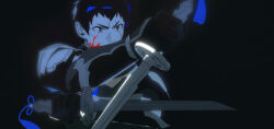 1boy absurdres black_gloves black_hair blood blood_on_face dagger dual_wielding fighting_stance final_fantasy final_fantasy_xiv frown gloves highres holding holding_dagger holding_knife holding_weapon knife male_focus meyrikun ninja_(final_fantasy) oboro_torioi reverse_grip scar scar_across_eye scar_on_face short_hair solo upper_body weapon