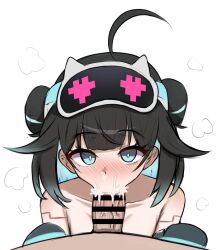 1boy 1girl ahoge aqua_eyes aqua_hair bar_censor black_hair black_survival blush censored character_request colored_inner_hair completely_nude cum cum_in_mouth double_bun eternal_return:_black_survival eyebrows_hidden_by_hair fellatio flat_chest full-face_blush goggles goggles_on_head hair_bun looking_at_viewer medium_hair multicolored_hair nude oral ranfe1539 simple_background white_background