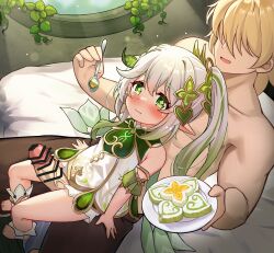 1boy 1girl absurdres aether_(genshin_impact) age_difference arms_at_sides asymmetrical_sidelocks bar_censor bare_shoulders blonde_hair blush bright_pupils brown_pants cape censored closed_mouth detached_sleeves dress erection eyelashes faceless faceless_male food from_above from_side full_body genshin_impact gradient_hair green_cape green_eyes green_hair hair_between_eyes hands_up hetero highres holding holding_plate holding_spoon huge_filesize imminent_penetration lens_flare loli long_hair luxuriou_s multicolored_hair nahida_(genshin_impact) on_bed pants penis plant plate pointy_ears short_dress short_sleeves side_ponytail sidelocks sitting sitting_on_lap sitting_on_person sleeveless sleeveless_dress socks spoon star-shaped_pupils star_(symbol) stirrup_footwear streaked_hair sunlight symbol-shaped_pupils topless_male veins veiny_penis white_dress white_hair white_socks window