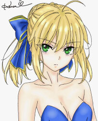 1girl ahoge artoria_pendragon_(fate) bare_arms bare_shoulders blonde_hair blue_bow blue_leotard bow braid braided_bun breasts bun_with_braided_base closed_mouth collarbone fate_(series) green_eyes grey_background hair_between_eyes hair_bun hair_ribbon karenpi0717 leotard looking_at_viewer medium_breasts off_shoulder ponytail ribbon saber_(fate) short_hair simple_background sleeveless solo strapless strapless_leotard upper_body