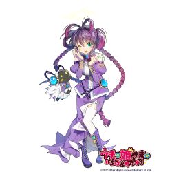 1girl artist_name blush boots braid company_name copyright_name female_focus full_body knee_boots looking_at_viewer multicolored_hair one_eye_closed parted_lips pink_hair purple_boots purple_hair simple_background smile solo sukja thighhighs twin_braids two-tone_hair uchi_no_hime-sama_ga_ichiban_kawaii white_thighhighs