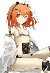 1girl a.i._voice adachi_rei bikini cable commentary doll_joints flat_chest hair_between_eyes hair_ribbon headset highres joints looking_at_viewer medium_hair n0_image one_side_up orange_eyes orange_hair parted_lips ribbon robot_girl simple_background sitting solo swimsuit utau white_background white_ribbon
