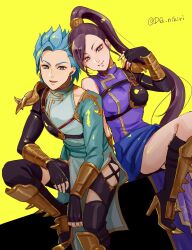 1boy 1girl alternate_costume aqua_dress aqua_sleeves armor black_boots black_gloves black_leggings black_sleeves blue_eyes blue_hair blue_sash boots bracer breastplate camus_(dq11) china_dress chinese_clothes commentary detached_sleeves dq_nikiri dragon_quest dragon_quest_xi dress earrings fingerless_gloves gloves gold_bracer gold_earrings gold_trim head_tilt high_heel_boots high_heels high_ponytail hip_vent hoop_earrings invisible_chair jewelry knee_up leggings looking_at_viewer martina_(dq11) official_alternate_costume open_mouth pauldrons ponytail purple_dress purple_eyes purple_hair sash shin_guards short_hair shoulder_armor single_pauldron single_sleeve sitting smile spiked_hair symbol-only_commentary twitter_username yellow_background