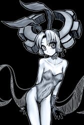 Rule 34 | 1girl, absurdres, breasts, deus ex maki-chan, expressionless, gloves, greyscale, hair up, highleg, highleg leotard, highres, horns, leotard, looking at viewer, mechanical horns, monochrome, nazo no diaboro, original, playboy bunny, ringed eyes, simple background, small breasts, solo, thigh gap