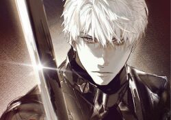1boy blue_eyes chimmyming closed_mouth lips looking_at_viewer love_and_deepspace male_focus monochrome portrait red_pupils short_hair simple_background solo spot_color xavier_(love_and_deepspace)