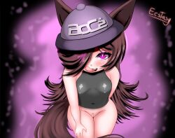 1girl animal_ears artist_name bent_over black_shirt blush bottomless breasts brown_hair clothes_lift come_hither cowboy_shot ecstasy_(icyblue) female_focus glowing glowing_eyes hair_over_one_eye hat highres horse_ears horse_girl horse_tail leaning_forward licking_lips loli long_bangs long_hair looking_at_viewer miniskirt naughty_face no_bra partially_visible_vulva pubic_hair purple_eyes pussy rice_shower_(boc&#039;z)_(umamusume) rice_shower_(umamusume) shirt signature skin_tight skindentation skirt sleeveless sleeveless_shirt small_breasts smile solo spiked_hair tail thick_thighs thighs tight_clothes tongue tongue_out umamusume very_long_hair