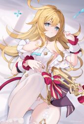 1girl absurdres aqua_eyes artist_name bare_shoulders bed_sheet blonde_hair blush bow breasts cleavage collarbone commentary_request cowlick cream cream_on_face dress escoffier_(genshin_impact) feet food food_on_face fork_hair_ornament frilled_dress frills genshin_impact gold_trim hair_between_eyes hair_ornament hair_spread_out hand_up highres knee_up long_hair looking_at_viewer lying medium_breasts on_back on_bed panties pomepome1207 pout red_bow sidelocks solo spoon tail thighhighs thighs toes underwear unworn_hair_ornament white_dress white_panties white_thighhighs wrist_cuffs