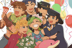 &gt;_&lt; 1girl 5boys :d ^_^ balloon battle_tendency black_hair blue_eyes blue_hair bouquet braid brown_hair butterfly_ornament closed_eyes confetti crop_top crown diamond_wa_kudakenai double_bun family fingerless_gloves flower giorno_giovanna gloves green_eyes green_hair green_lips green_scarf grin hair_bun hat higashikata_josuke highres jojo_no_kimyou_na_bouken jonathan_joestar joseph_joestar joseph_joestar_(young) kuujou_jolyne kuujou_joutarou midriff multicolored_hair multiple_boys norue open_mouth party_favor pompadour scarf smile spider_web_print stardust_crusaders stone_ocean striped_clothes striped_scarf stuffed_animal stuffed_dolphin stuffed_toy tilted_headwear two-tone_hair vento_aureo xd
