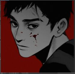 Rule 34 | 1boy, 23i2ko, art program in frame, black eyes, black hair, blood, blood on face, blood splatter, danny johnson, dead by daylight, expressionless, head tilt, limited palette, looking at viewer, looking back, male focus, red background, scar, scar across eyebrow, scar on face, short hair, sideburns, simple background, solo
