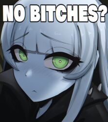 1girl :&lt; absurdres animification black_coat blue_hair blue_skin blunt_bangs bright_pupils close-up closed_mouth coat colored_skin english_text eyelashes genderswap genderswap_(mtf) green_eyes highres long_hair looking_at_viewer megamind megamind_(movie) meme mikuneki no_bitches?_(meme) raised_inner_eyebrows shoulder_spikes solo spikes white_pupils