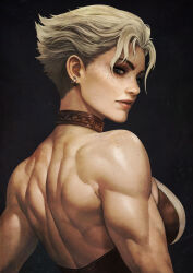 Rule 34 | 1girl, absurdres, back, back focus, back muscles, bare back, bare shoulders, blonde hair, blue eyes, breasts, brown choker, choker, earrings, eyeliner, freckles, highres, jewelry, large breasts, looking at viewer, looking back, makeup, monori rogue, monster hunter (series), monster hunter wilds, muscular, muscular female, olivia (monster hunter), short hair, triceps