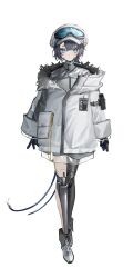 1girl android ankle_boots black_gloves blue_eyes boots cable coat full_body gloves goggles goggles_on_headwear grey_boots grey_coat grey_hair grey_hat hat highres id_card joints looking_at_viewer metal_skin newsboy_cap original reverse:1999 robot_girl robot_joints short_hair solo towano_(0qjftwn) white_background