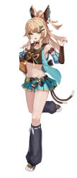 1girl :d absurdres bare_shoulders black_shirt blonde_hair commentary_request crop_top detached_sleeves full_body genshin_impact green_eyes green_skirt hair_ornament hairclip half_updo highres hwangmong-i kirara_(genshin_impact) korean_commentary leg_warmers long_hair long_sleeves looking_at_viewer midriff miniskirt navel open_mouth pleated_skirt shirt simple_background skirt smile solo standing standing_on_one_leg stomach thighs white_background