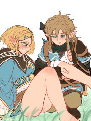 1boy 1girl aorin_(riley17_a) bandaged_leg bandages blonde_hair blue_eyes blue_tunic blush braid brown_hair cape couple dress ear_blush earrings gloves hair_ornament hetero highres jewelry link nintendo on_ground pointy_ears princess_zelda short_hair simple_background sitting sweater sword sword_on_back the_legend_of_zelda the_legend_of_zelda:_breath_of_the_wild the_legend_of_zelda:_tears_of_the_kingdom thighs tunic turtleneck turtleneck_sweater weapon weapon_on_back