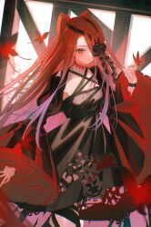 1girl absurdres black_dress blush bow braid breasts bug butterfly choker collarbone dress fate/grand_order fate_(series) hair_between_eyes highres insect light_(nightty45) long_hair long_sleeves looking_at_viewer red_hair small_breasts solo thigh_strap typhon_ephemeros_(fate) typhon_ephemeros_(second_ascension)_(fate) very_long_hair wide_sleeves yellow_eyes