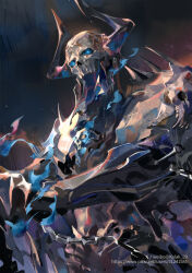 1boy armor black_cloak blue_fire cloak fate/grand_order fate_(series) fire glowing glowing_eyes hands_on_hilt highres horns kalak_39 king_hassan_(fate) looking_at_viewer male_focus mask pixiv_id skull skull_mask solo spikes