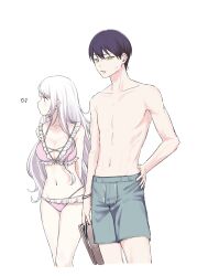 1boy 1girl absurdres alternate_costume anger_vein annoyed arms_behind_back bikini breasts clenched_teeth collarbone cropped_legs frilled_bikini frills green_eyes groin highres holding_slippers jewelry kenmochi_touya long_hair looking_to_the_side male_swimwear medium_breasts musical_note navel necklace nijisanji pink_bikini plaid_bikini plaid_clothes po_(po_495) purple_hair shiina_yuika short_hair stomach swimsuit teeth topless_male very_short_hair virtual_youtuber white_hair