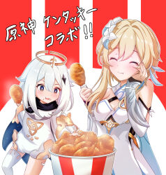 2girls absurdres bare_shoulders black_scarf blonde_hair breasts bucket chicken_(food) closed_eyes closed_mouth commentary_request cowboy_shot crumbs crystal_hair_ornament detached_sleeves dress eating facing_viewer feather_hair_ornament feathers flower food fried_chicken genshin_impact hair_between_eyes hair_flower hair_ornament halo hand_on_own_cheek hand_on_own_face highres holding holding_food kfc looking_at_food lumine_(genshin_impact) mechanical_halo medium_breasts multiple_girls open_mouth paimon_(genshin_impact) romper scarf short_hair_with_long_locks simple_background single_thighhigh smile suraberu thighhighs translation_request white_dress white_hair white_romper white_thighhighs
