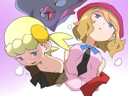 2girls bare_shoulders blonde_hair blue_eyes blue_ribbon bonnie_(pokemon) brown_shirt collarbone commentary_request dress empty_eyes eyelashes gen_6_pokemon half-closed_eyes hat hitsugi_mc malamar mind_control multiple_girls neck_ribbon nintendo open_mouth pink_dress pink_hat pokemon pokemon_(anime) pokemon_(creature) pokemon_xy_(anime) ribbon serena_(pokemon) shirt single_off_shoulder