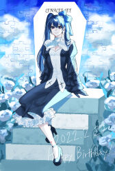 Rule 34 | 1girl, blue background, blue dress, blue eyes, blue footwear, blue gloves, blue hair, bow, breasts, cleavage, cleavage cutout, clothing cutout, d.gray-man, dress, earrings, flower, gloves, hair bow, high heels, highres, jewelry, lenalee lee, long hair, looking at viewer, puzzle, puzzle piece, sitting, smile, solo, stairs, twintails, user caeh4238, white flower