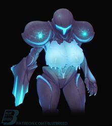 1girl arm_cannon artist_logo artist_name assault_visor black_background blue_visor bluebreed breasts commentary dark_samus english_commentary highres huge_breasts logo metroid metroid_prime nintendo simple_background solo super_smash_bros. varia_suit weapon